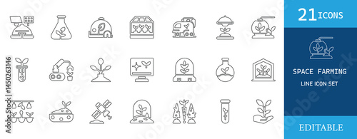 Minimalist line icons set featuring space farming concepts such as hydroponics, plant growth in space, biotech, greenhouses, and futuristic agriculture for science,  and tech use