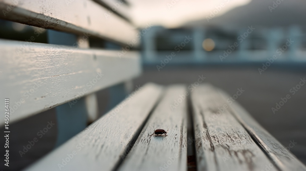 A lone beetle crawls along a weathered park bench, set against a soft-focus backdrop of evening light.