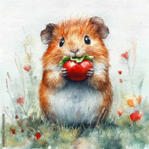 illustration of Guinea Pig Eating Lettuce, watercolor vector, isolated on a white background.