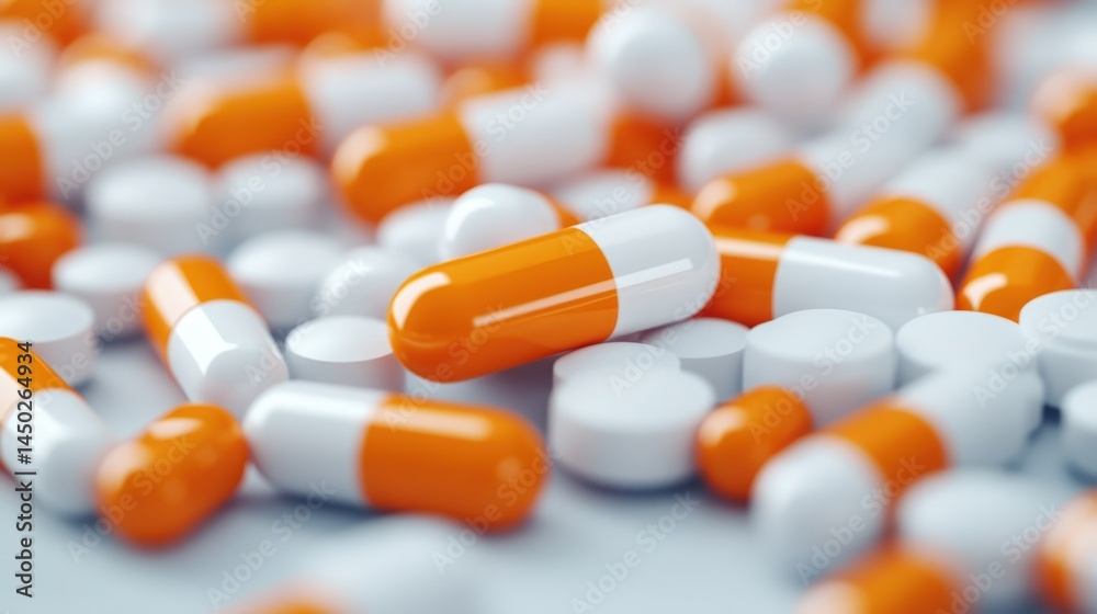 Orange and white capsules and round tablets scattered on a surface, representing pharmaceutical medication. Orange and white capsules and round tablets scattered on a surface, representing pharmaceutical medication.
