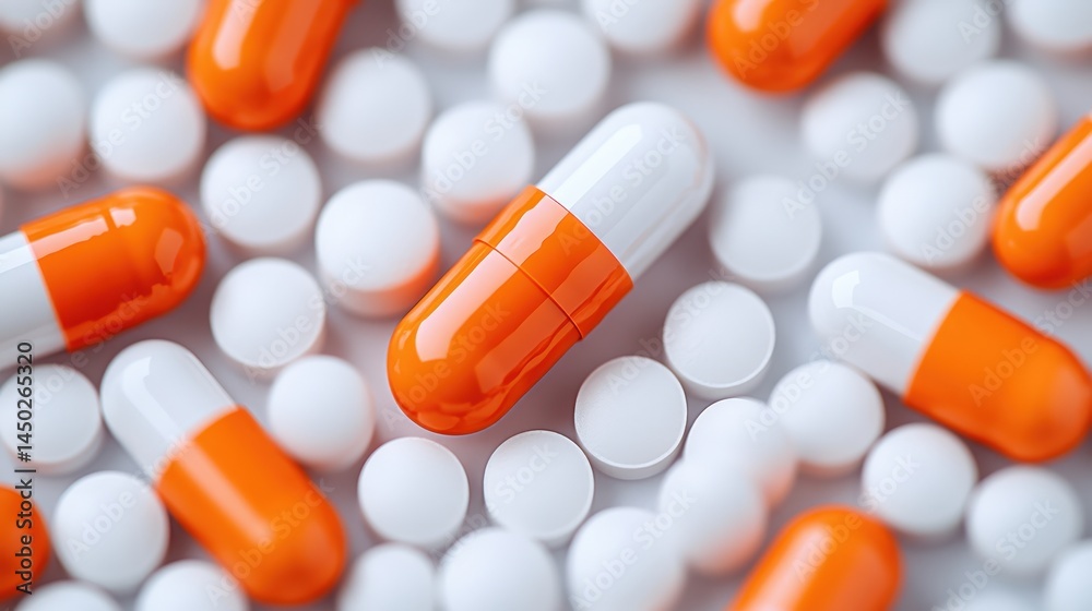 Orange and white capsules and round white tablets scattered together, representing various types of medication. Orange and white capsules and round white tablets scattered together, representing various types of medication.