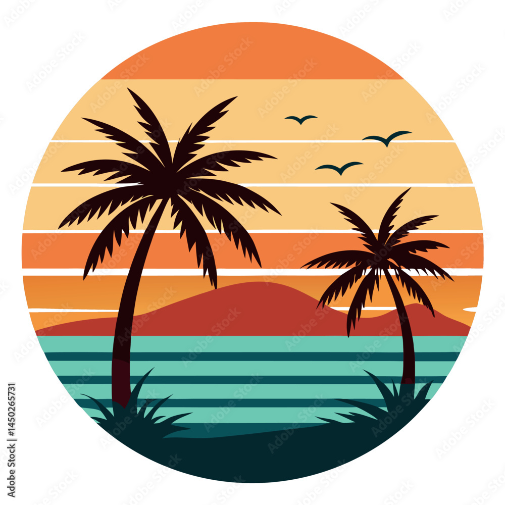 Fototapeta premium Retro Style Tropical Sunset in a Circular Design – Vintage Aesthetic Beach Vibes, sunsets are for print-on-demand, t-shirt design, book