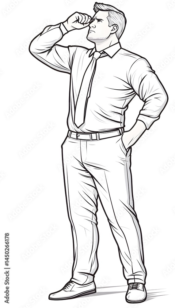 A man in business attire, hand on forehead, gazing upward, thoughtful expression, standing A man in business attire, hand on forehead, gazing upward, thoughtful expression, standing