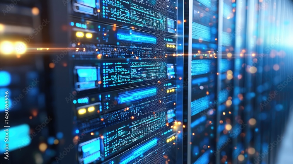 Naklejka premium Server room with sparkling LED panels and glowing tech in a cyber network style, great for showcasing big data, web services, and futuristic hosting
