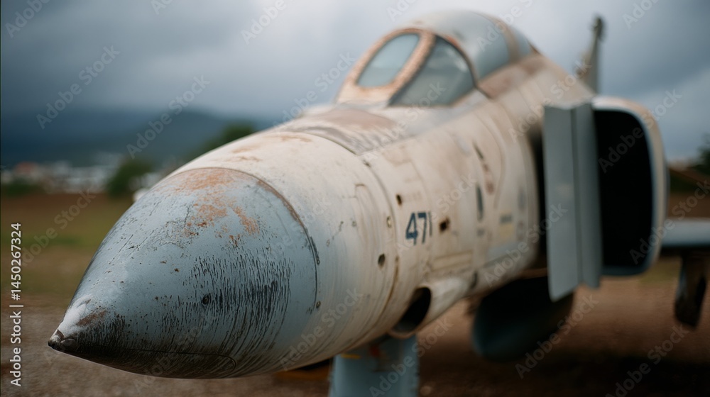 Fototapeta premium A weathered jet stands silently on a dirt field, a relic of the past against a moody, overcast sky, evoking a sense of nostalgia and history.
