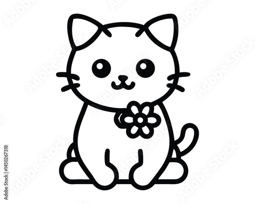 Cute cartoon cat with bow tie and flowers line art vector on a white background