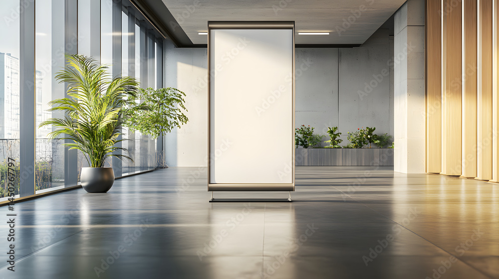 Sleek modern office interior featuring a blank display board and lush greenery, creating a tranquil workspace atmosphere. Sleek modern office interior featuring a blank display board and lush greenery, creating a tranquil workspace atmosphere.