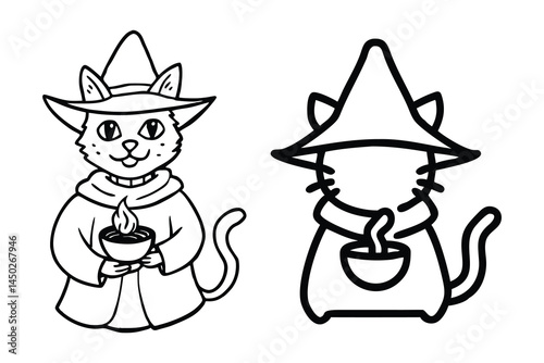 Cute wizard cat character line art and simple icon set vector on a white background