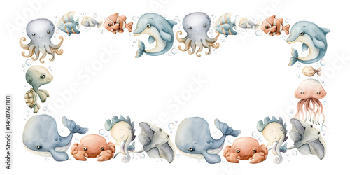 Sea animal Frame. Cute ocean creatures. Whale dolphin turtle fish. Watercolor hand painted summer isolated illustration
