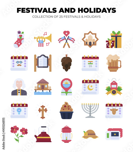Collection of 25 Festivals and Holidays. Colorful Icons