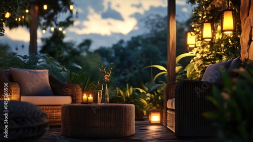 Summer evening terrace with wicker furniture and warm lighting