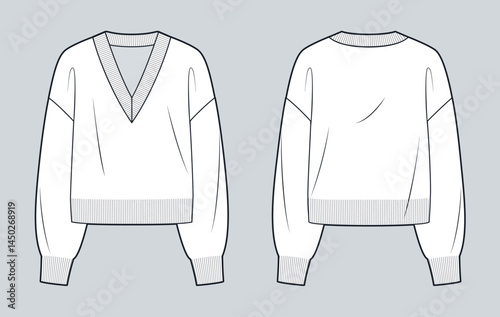 Loose Fit V-Neck Sweater Fashion Flat Sketch. Pullover Jumper fashion flat technical drawing template, front and back view, white, women, men, unisex CAD mockup.