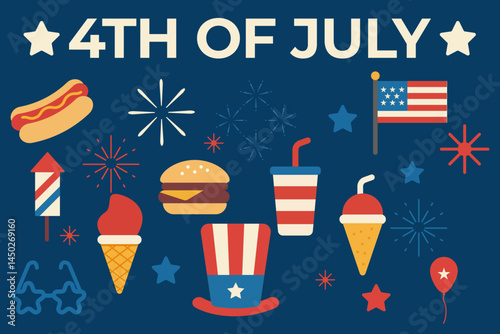 Flat vector illustration featuring icons for 4th of July celebration, including fireworks, American flag, burgers, ice cream, soda, Uncle Sam’s hat, and patriotic decorations