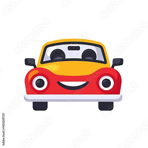 Smiling Cartoon Car, Red And Yellow, Vector Illustration For Children's Designs
