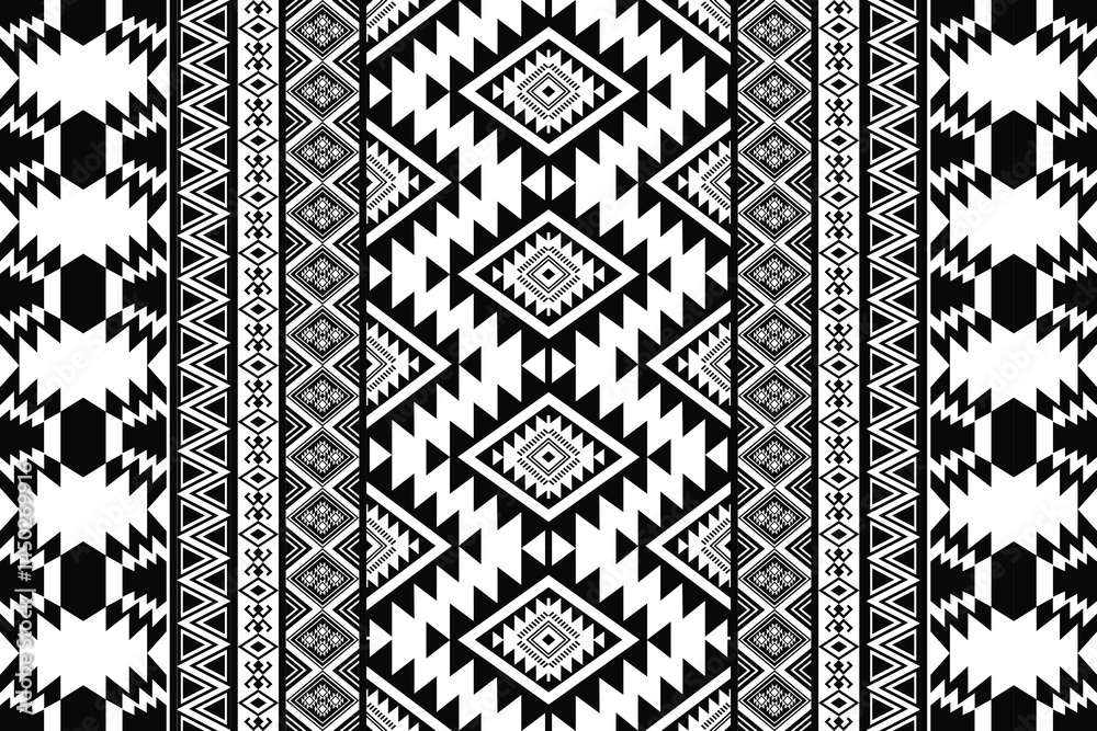Ancient echoes Aztec geometric seamless patterns southwest Navajo Native American tribal ethnic black and white for textile printing