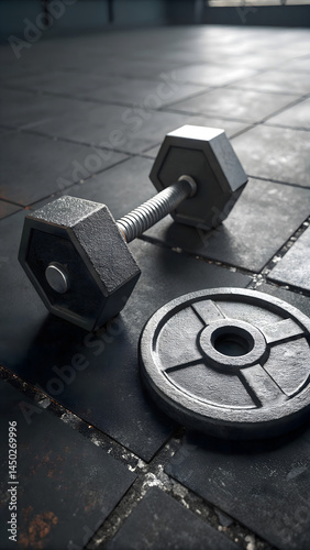 dumbbell and weight plate on gym floor
