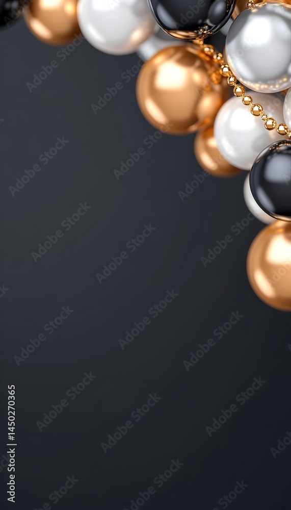 Glossy spheres in gold, black, and white cascade down a dark background, interspersed with a delicate chain