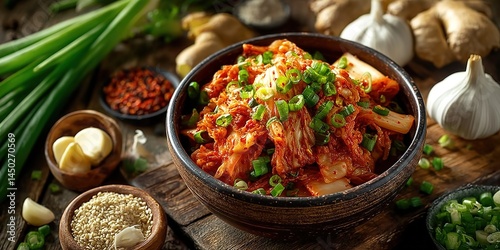 A wooden bowl of kimchi garnished with green onions on a wooden table, surrounded by garlic, green onions, sesame seeds, and red pepper flakes.