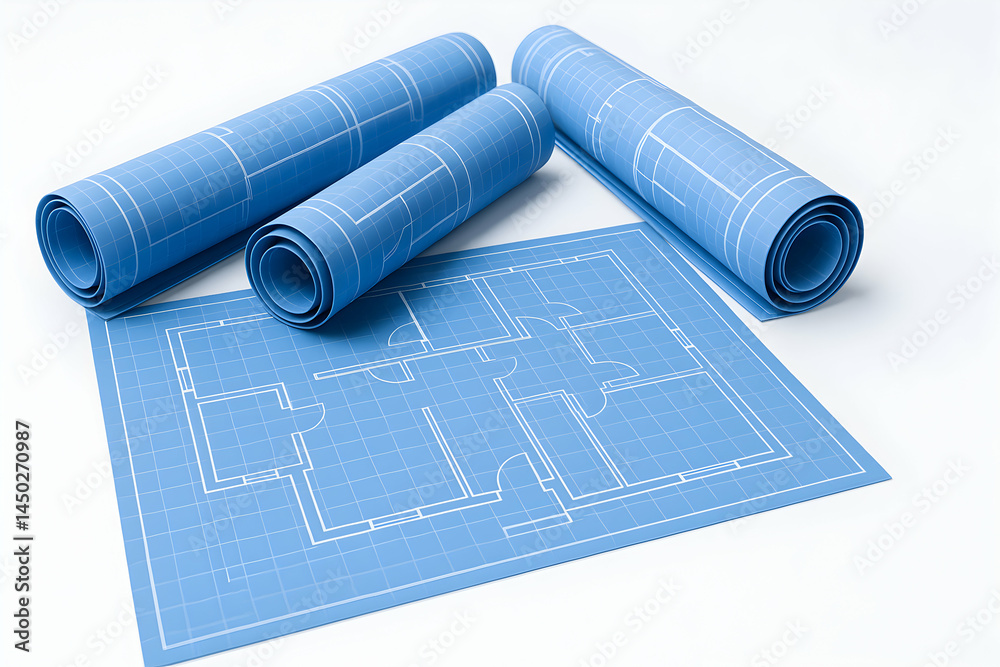 Architectural blueprints rolled and flat.