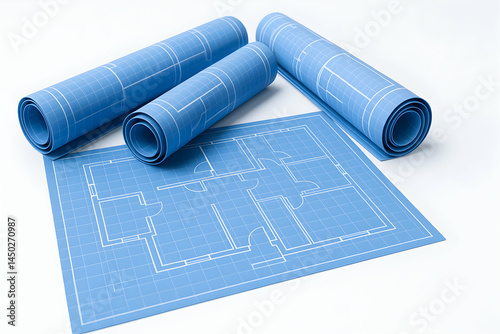 Obraz na płótnie Architectural blueprints rolled and flat. w salonie