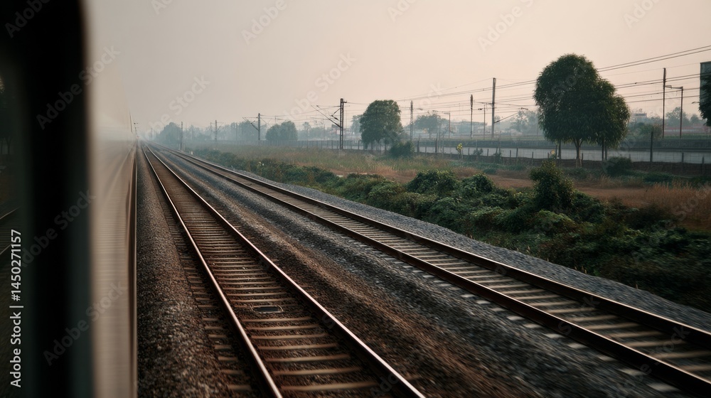 Naklejka premium Two train tracks run parallel into the distance amidst a misty landscape, symbolizing journey, exploration, and the passage of time.