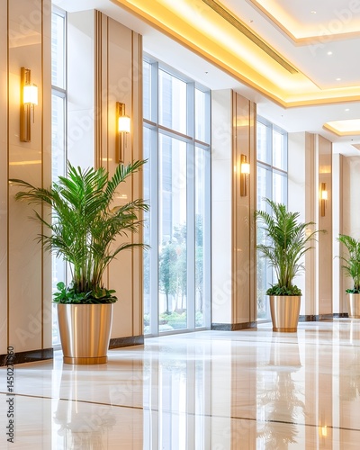 Luxurious hallway with large windows  potted plants  and warm lighting.  Marble floors reflect light