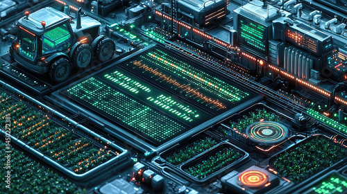 Futuristic agricultural technology.  Automated farm system with advanced controls and displays.  Connected tractor operates within a network of growing systems
