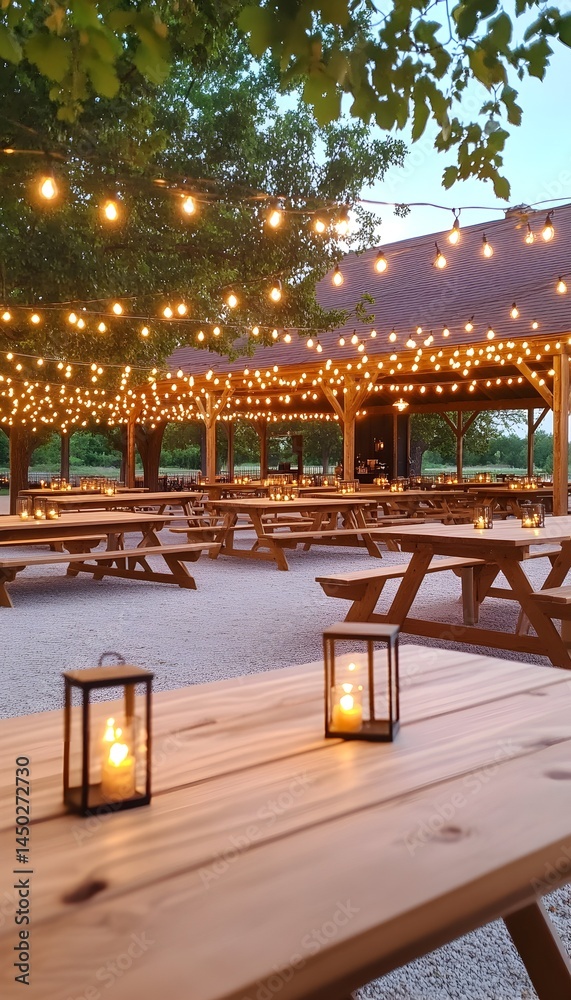 Rustic outdoor pavilion at dusk, illuminated by string lights and lanterns, featuring numerous picnic tables set for a gathering Rustic outdoor pavilion at dusk, illuminated by string lights and lanterns, featuring numerous picnic tables set for a gathering