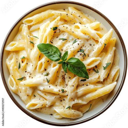 A delicious creamy penne pasta dish with herbs and spices, served in a bowl
