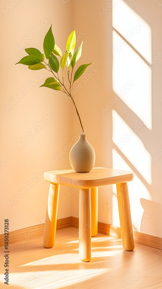 Sunlit corner, small wooden stool holds a vase with a leafy branch Sunlit corner, small wooden stool holds a vase with a leafy branch