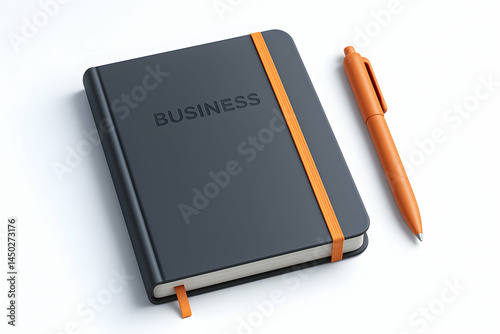 Elegant black business notebook and orange pen.