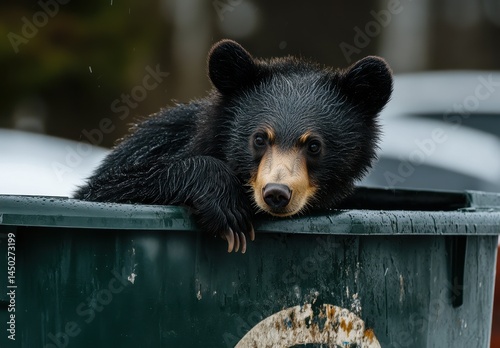Adorable Black Bear Cub Peeking Over Side of Trash Bin in Urban Environment with Rainy Background and Soft Focus on Fur and Eyes