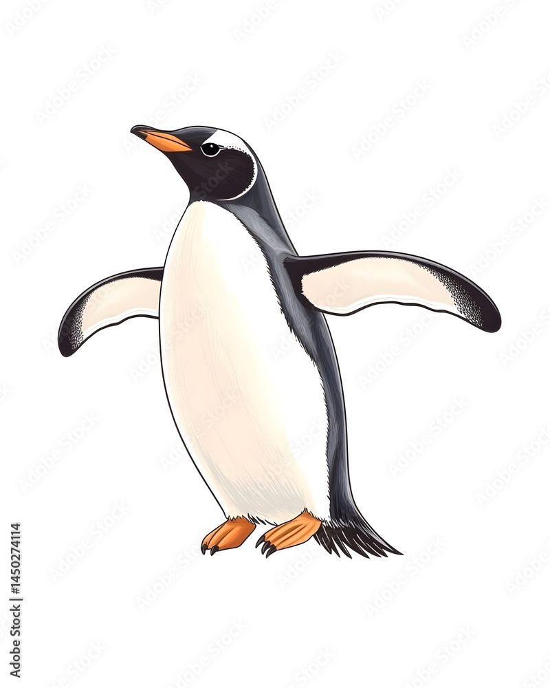 Fototapeta premium A black and white penguin with orange feet stands on a white background, wings outstretched