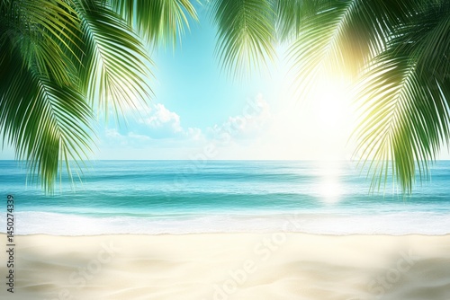 Wallpaper Mural Tropical beach scene with vibrant palm trees and ocean.  Sunny day, light and airy.  Sandy shore, gentle waves Torontodigital.ca