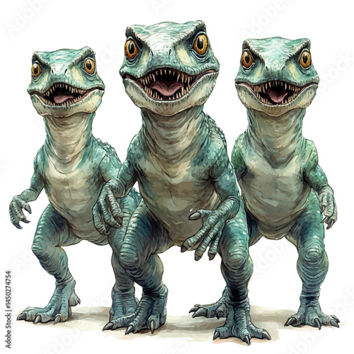illustration of Group Of Velociraptors Hunting Together, watercolor vector, isolated on a white background.