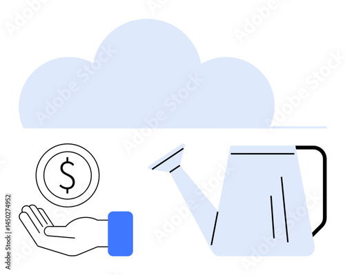 Hand holding a coin, a watering can pouring water, and a cloud illustrating growth, investment, sustainability, and innovation. Ideal for finance, cloud services, or a simple landing page