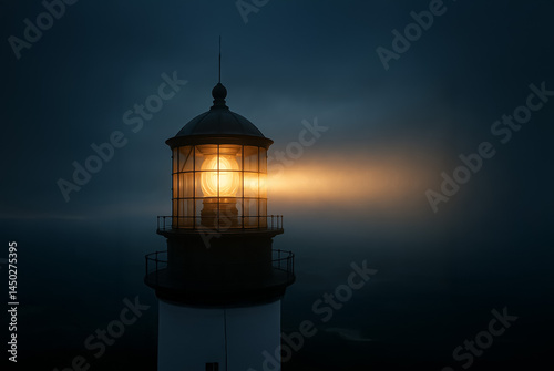 Lighthouse emits a bright beam through dense fog over the ocean, serving as a guiding signal for ships during a moody and dark evening at sea.