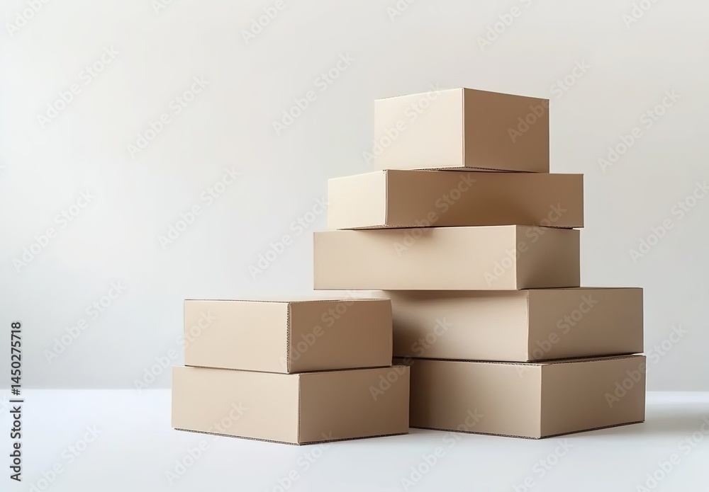 Obraz premium A pile of brown cardboard boxes in a room with light casting shadows on white walls.