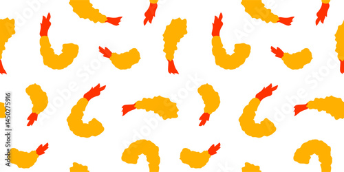 Tempura Shrimp Pattern background. Fried Shrimp Seamless pattern Background. Seafood Pattern Design. Crunchy Tempura Pattern.