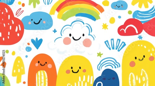 Colorful cheerful abstract shapes and joyful elements.