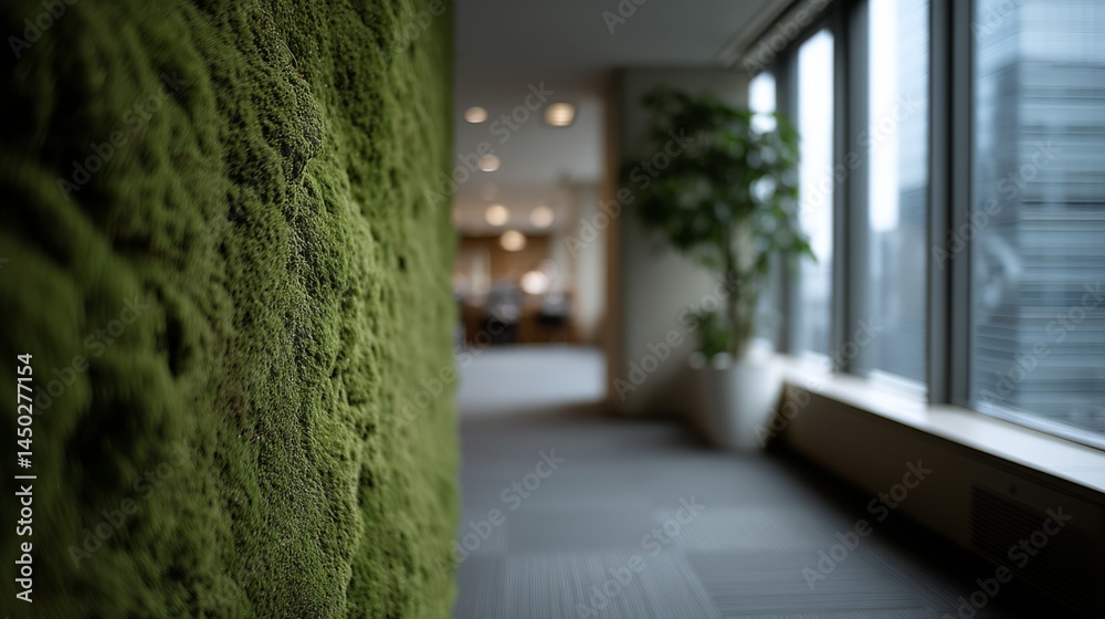 A lush, green moss-covered wall in a modern building hallway, offering a natural touch amidst urban architecture and soft light.