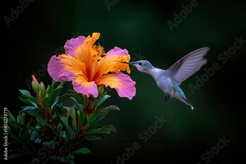 Hummingbird feeding on bright flower in vibrant garden setting