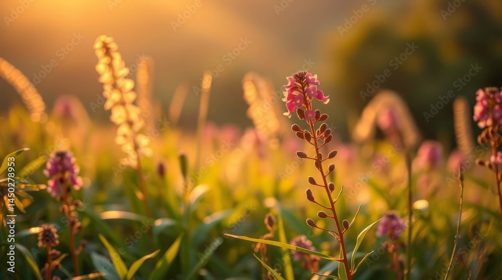 Fototapeta premium A fine art photograph depicting japanese ecology at golden hour. warm, soft light with vibrant complementary colors, balanced tones, and a graceful, elegant style