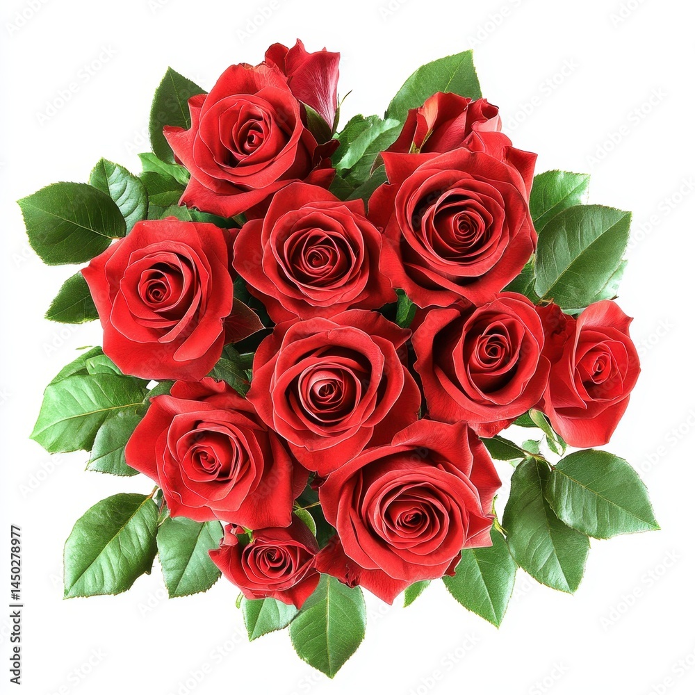 Fototapeta premium Beautiful Arrangement of Fresh Red Roses Surrounded by Green Leaves Perfect for Celebrations, Decorations, and Romantic Occasions in Bright White Background