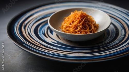 Tangerine noodles in a bowl on a colorful plate featuring spiral blue & tan colors ready to eat delicious food