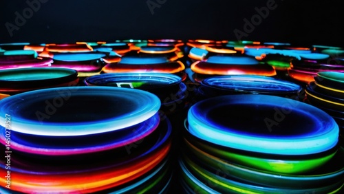 Stacked glowing discs exhibit vibrant colors in dark setting, creating unique abstract with gradient hues and blurred background.