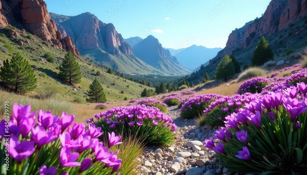Obraz premium Lush purple blooms amidst rocky Sierra Nevada spring , mountain scenery, desert, desert photography