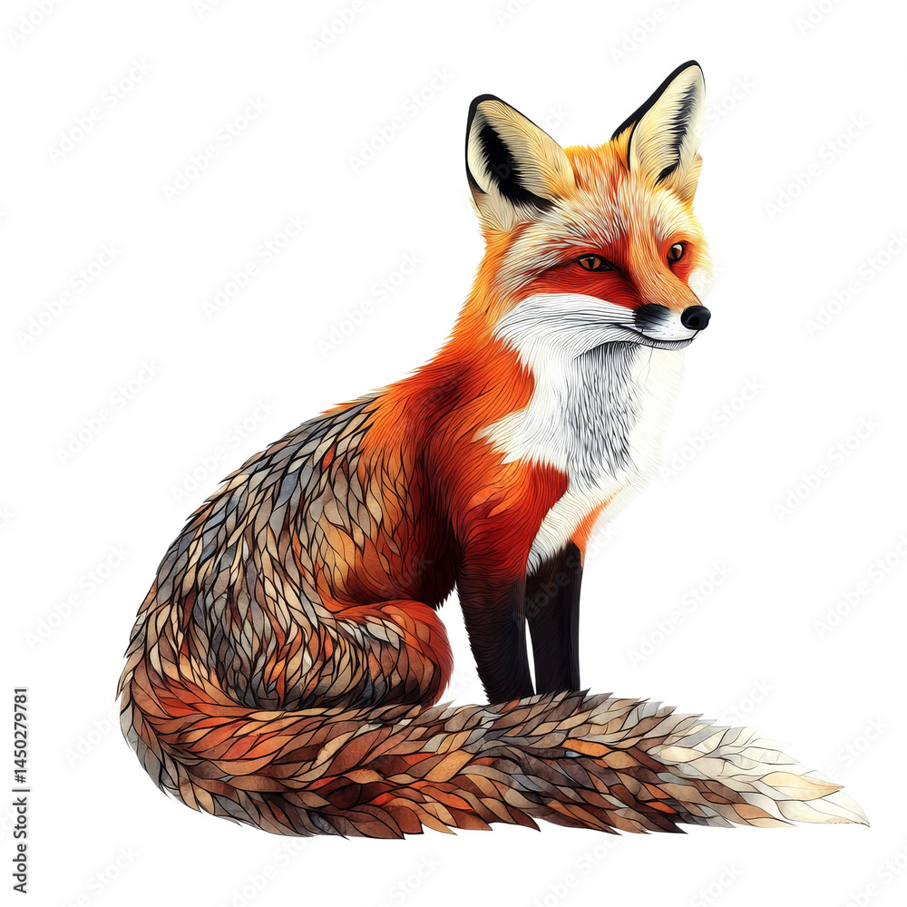 Fototapeta premium A majestic fox with its red fur, sitting in an elegant pose. The image captures the fox's piercing gaze and detailed features, showcasing the animal's wild beauty