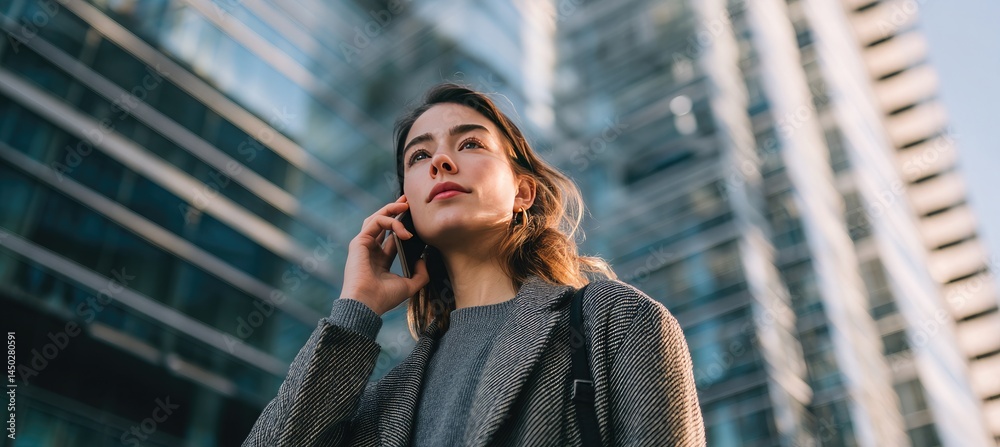 Fototapeta premium A young businesswoman is talking on the phone while standing against an office building background with copy space, a business concept banner.