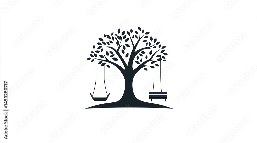 Obraz premium Silhouette tree with swings, peaceful scene, nature, kids' play, illustration